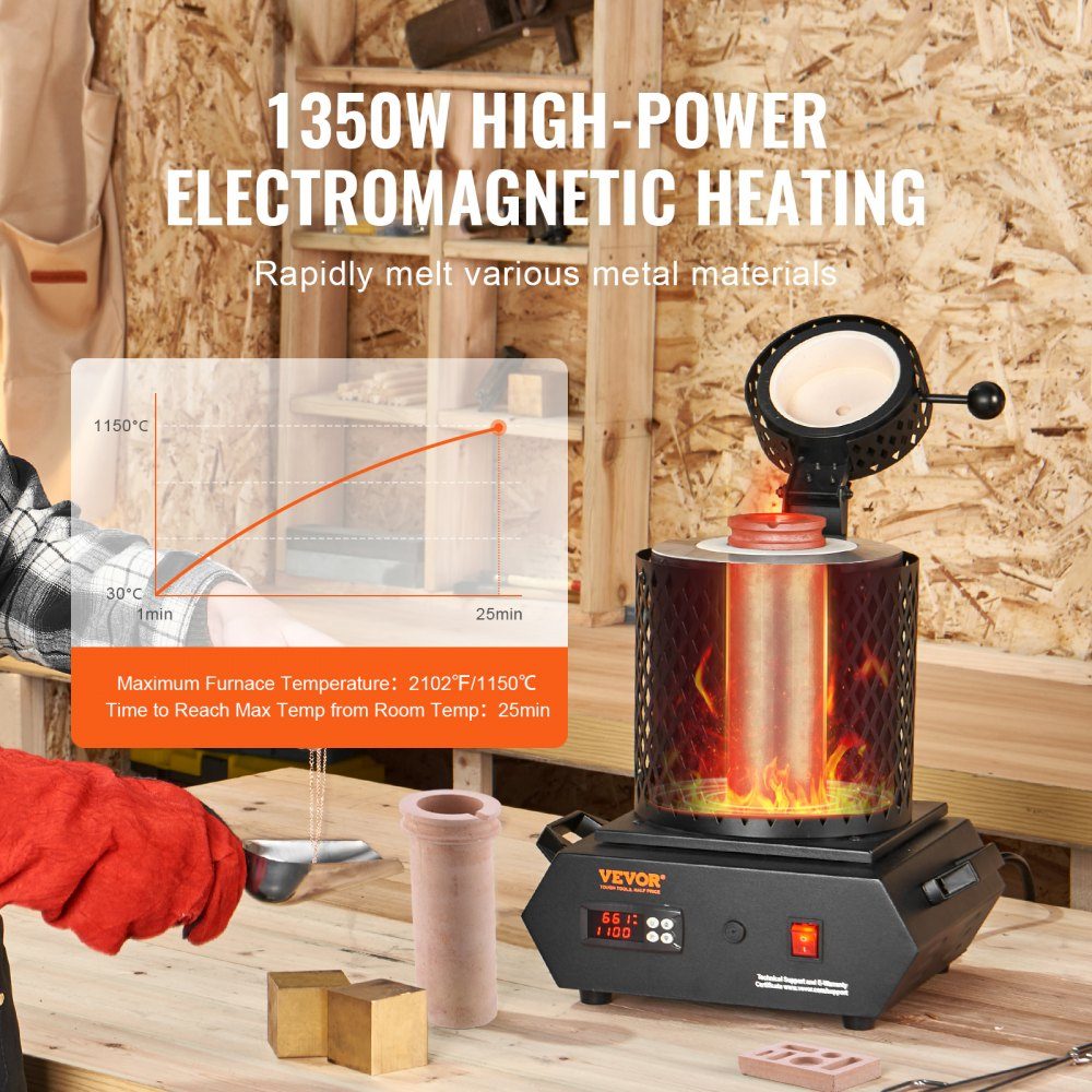 Gold Melting Furnace1350W 1150℃ Max Temperature Digital Electric Melting Furnace 1kg/3kg Ceramic Crucible with Crucible Tongs and Gloves for Processing Gold, Silver, Copper, Aluminum, Red