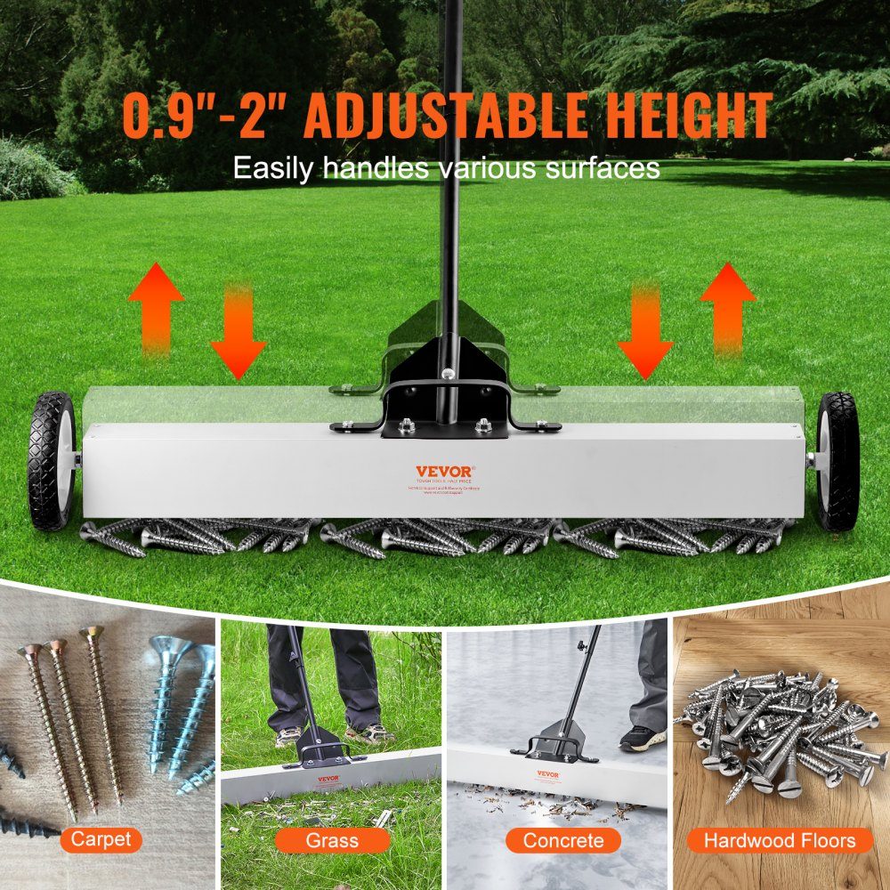 36 Inch Wheeled Magnetic Sweeper, 55 Pound Capacity, with Extendable Magnetic Pickup Tool, Adjustable Handle, Magnetic Pickup Sweeper for Picking Up Nails and Screws, for Workshop, Garage, Yard