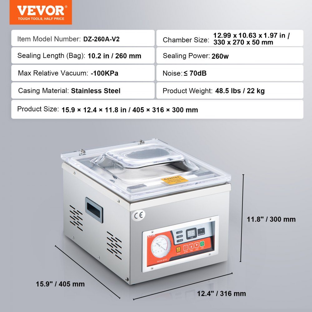 Vacuümsealer DZ-260A, compacte professionele kamervacuümsealer, 180W motor, kamervacuümsealer, 6,5 cbm/u, vacuümsealer, afdichtingsgrootte 33 x 25 cm, geschikt voor huizen, supermarkten, voedselfabrieken