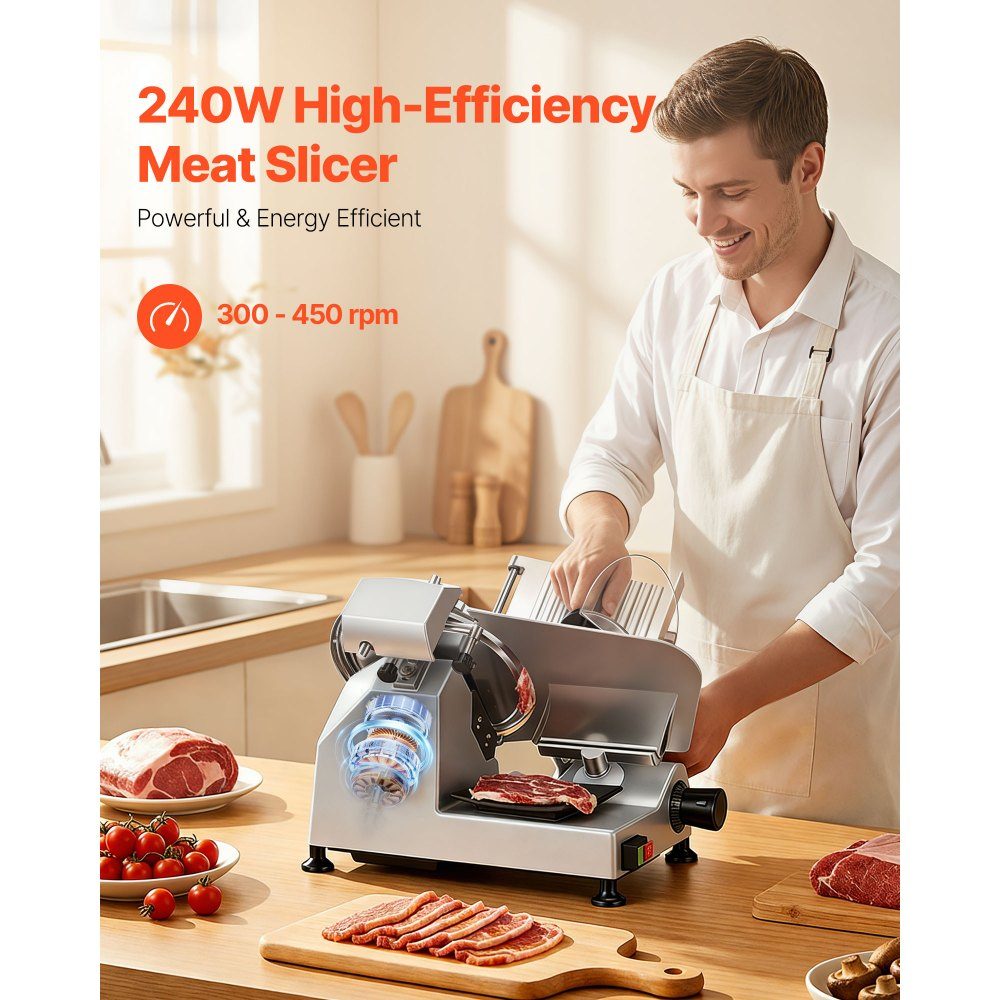 Trancheuse électrique multi-usages lame 250 mm, trancheuse multi-usages 240 W avec affûteur intégré et épaisseur de coupe réglable de 0 à 12 mm, pour jambon de viande surgelé