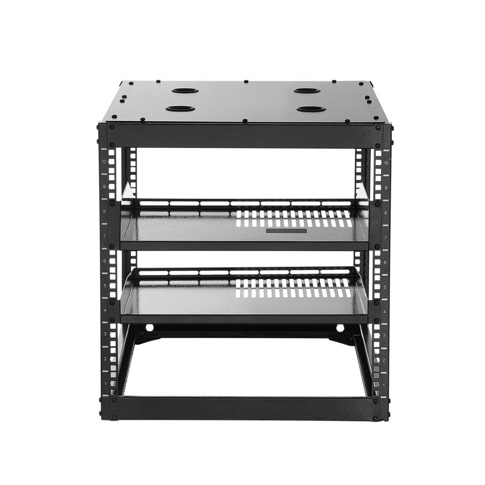 10U open frame network rack, 585mm depth, wall mount or floor standing server rack, 4 post construction, with ventilated shelves and mounting hardware, for all network IT equipment and AV equipment