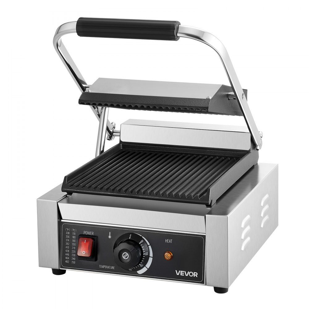Commercial Panini Grill, Contact Grill 1800W, for Sandwiches, Steak, Bacon, Hamburgers, Sandwich Maker, Stainless Steel Press Grill with Handle & Temperature Controller & 22 x 23cm Heating Plate, Panini Press