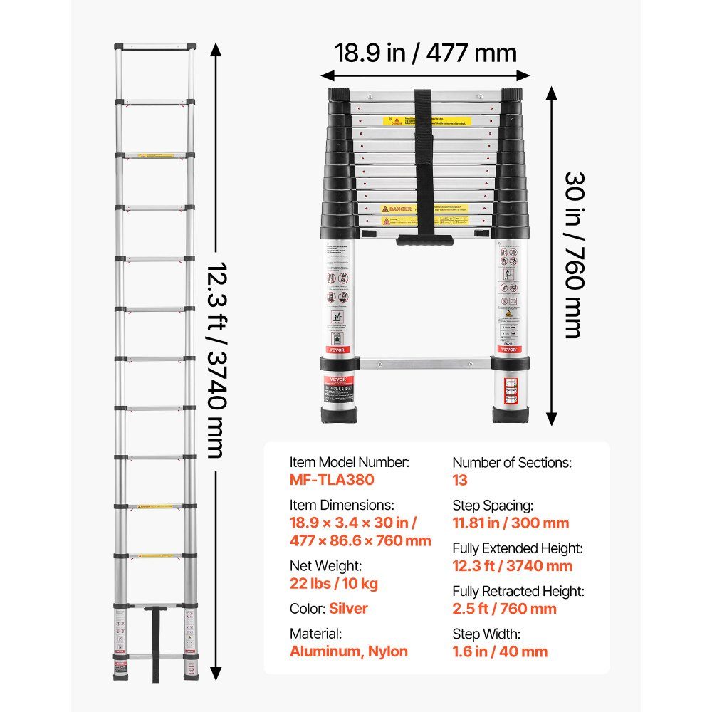 Teleskopleiter 3740 mm, Alu-Klappleiter mit Einhand-Einzug, Mehrzweckleiter, belastbar bis 150 kg, Trittleiter, Haushaltsleiter, Außenleiter, für Haus, Garten & Dachboden