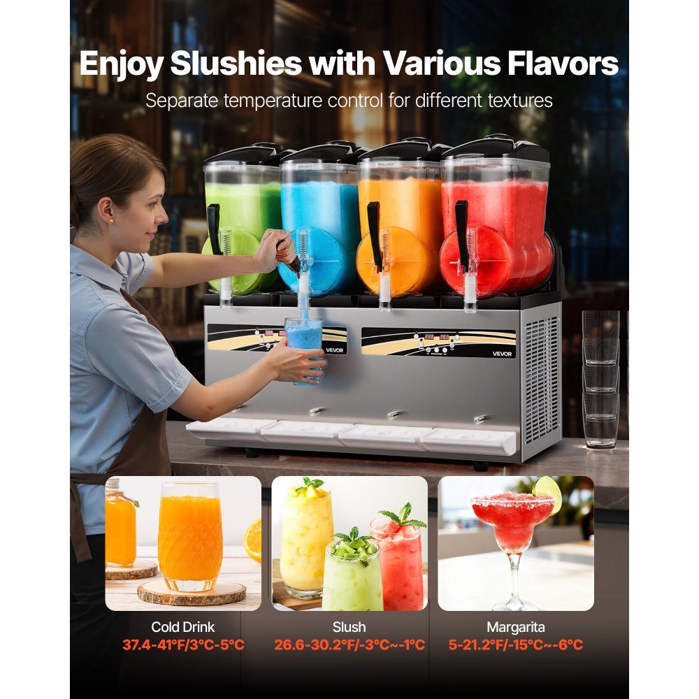 Slush Machine 4 x 12L, Slush Ice Cream Machine 1650W (No Ice Required), Electric Margarita Machine with Self-Cleaning Function, Suitable for Frozen Margaritas, Frappes, Milkshakes, Shakes