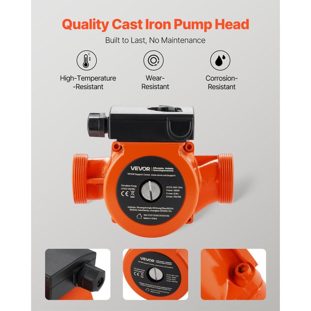 LPS32-8S/180 Cast Iron Circulation Pump 3/8HP 110L/min Hot Water Circulation Threaded Connection 3 Level Speed ​​Adjustment Quiet Operation for Home Heating Systems Inlet and Outlet Ports Both 2"