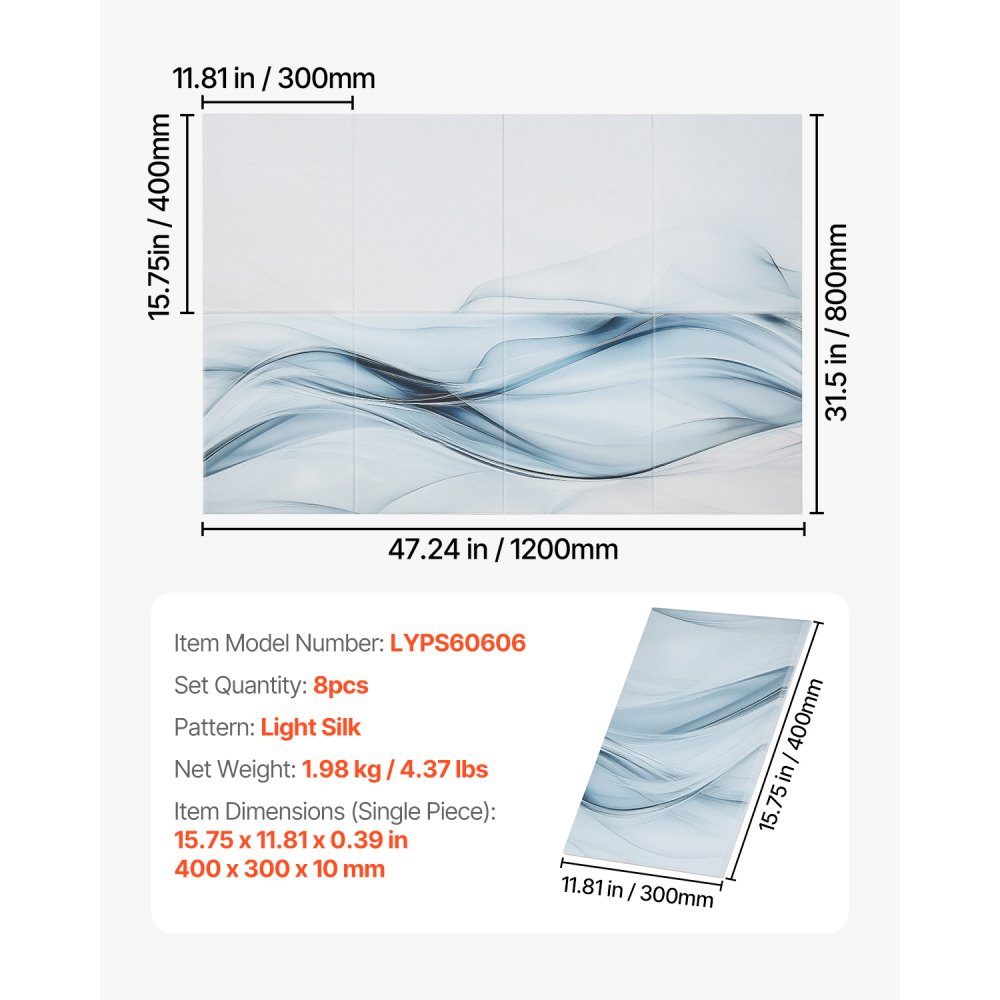 Packung mit 8 Akustikpaneelen, 1200 x 800 x 10 mm, Akustikwandpaneele, selbstklebende, schalldämpfende und absorbierende Paneele für Zuhause, Büro, Studio, Spielzimmer, Theater, Seidenmotiv