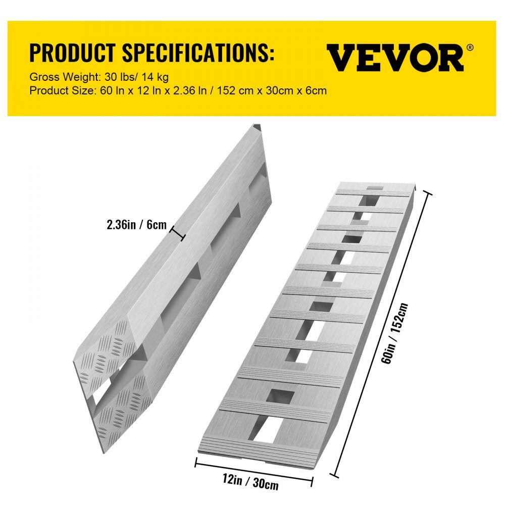 1520 x 305 mm aluminium oprijplaten, 2 stuks ATV-oprijplaten, laadrampen, laadvermogen van 2722 kg, tot 406 mm laadhoogte – Artikelnr. HT-22252