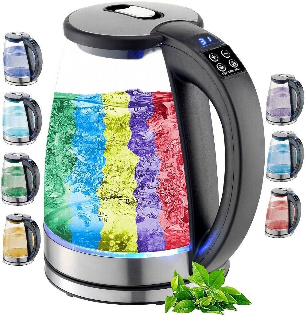 Glazen waterkoker van RVS met temperatuurkeuze en 2.200 watt LED-verlichting