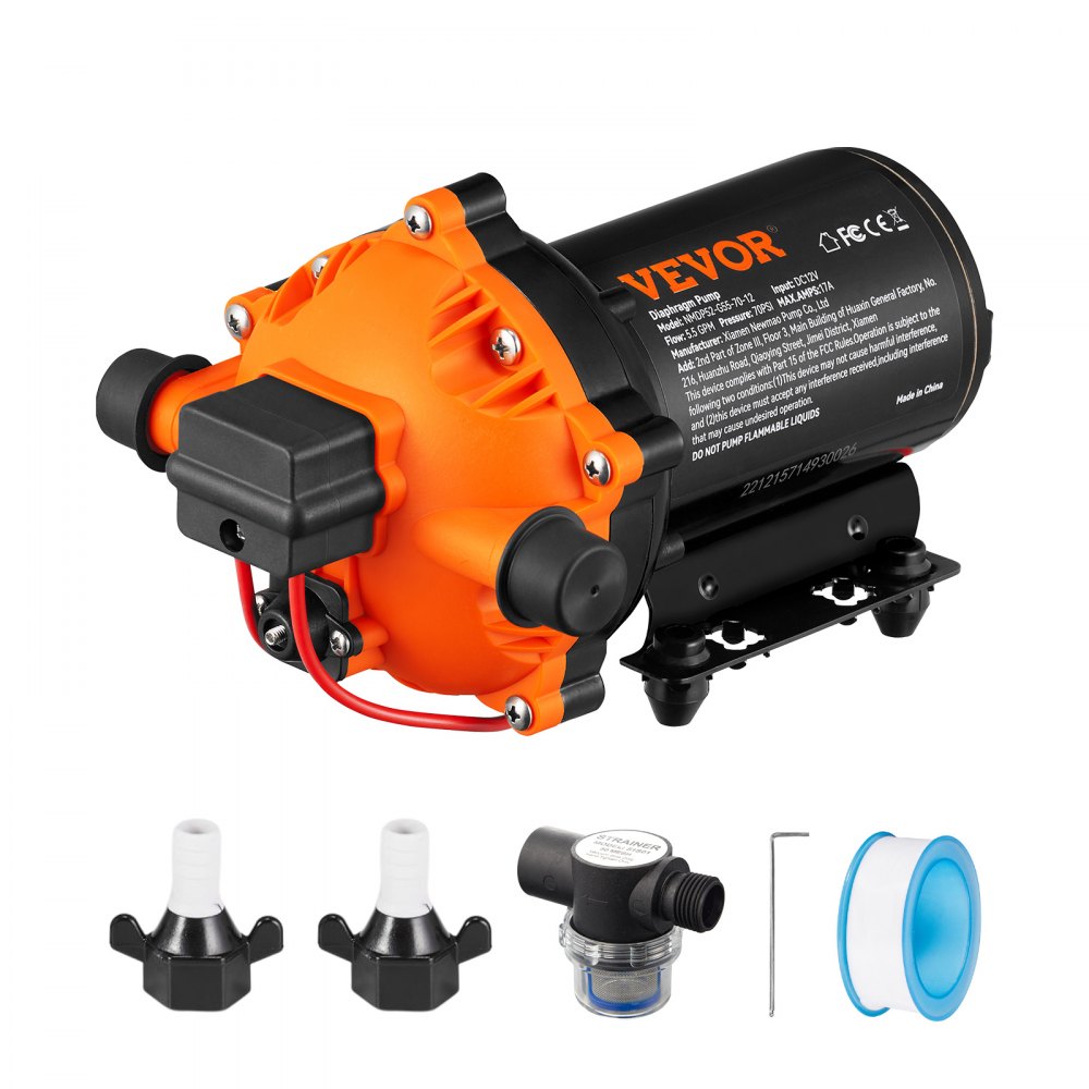 Water Diaphragm Pump, 12V DC, 5.5 GPM Flow, 70 PSI Rated Pressure (40-100 PSI Adjustable), 1/2