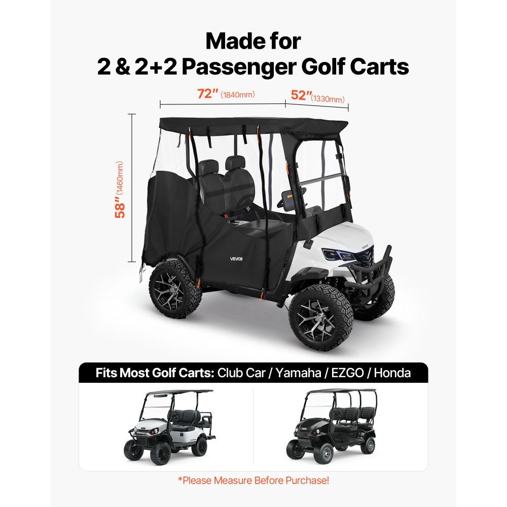 Zichtbare golfkarhoes voor 2-zits golfkarren (de meeste Club Car, Yamaha, EZGO en Honda golfkarren), regenhoes van 600D Oxford-stof, met PU-coating en winddicht haaksysteem