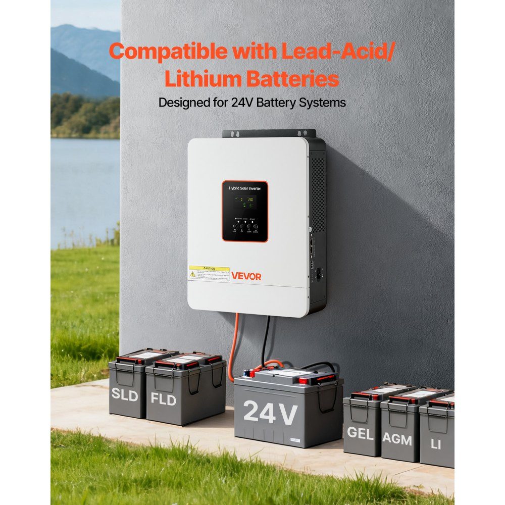 3000W hybrid inverter, 24V DC to 230V AC, with integrated 80A MPPT solar charge controller, compatible with lead-acid & lithium batteries, for home, RV & off-grid systems