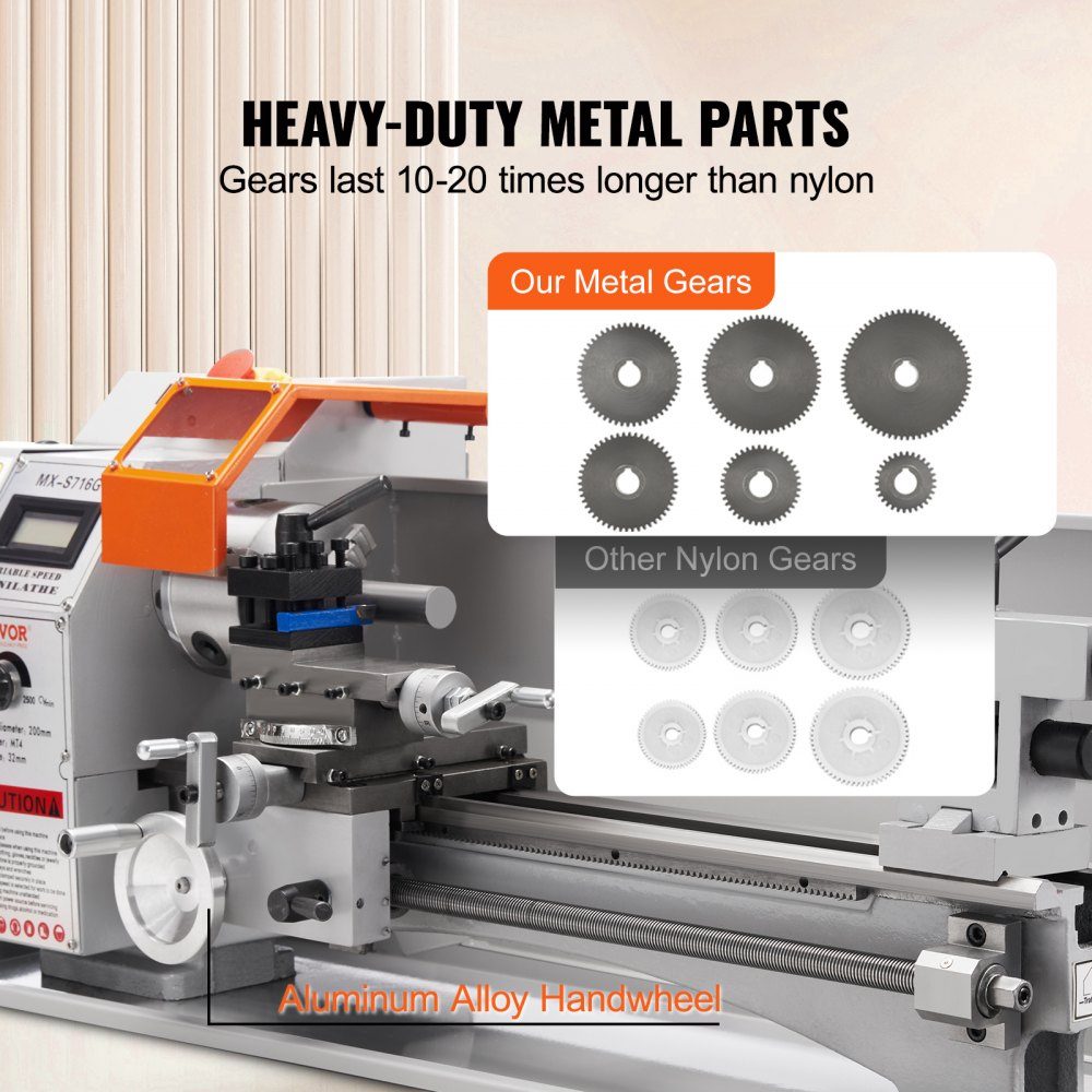 Metalldrehmaschine 17,8 x 40,6 cm Drehmaschine Metall 50–2500 U/min Tischdrehmaschine Tischdrehmaschine 800 W 9 x metrisches (von 0,5 bis 3 mm) 10 x zölliges (von 10 bis 44 TPI) Gewinde MT5 Spindelkegel