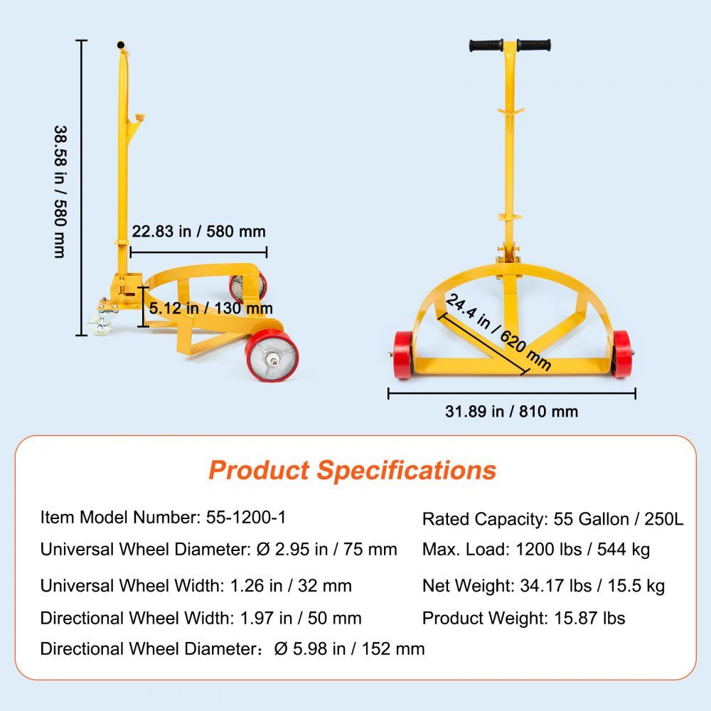 Barrel roller with handle Transport roller board 250L barrel trolley Ø 620 mm Suitable for transporting barrels up to a weight of 544kg Barrel trolley with 1 universal wheel & 2 directional wheels