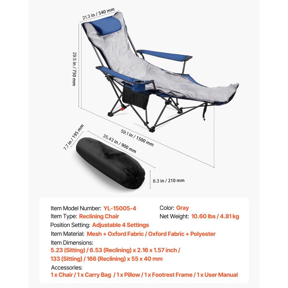 Opvouwbare campingstoel, ligstoel met 4 verstelbare standen, relaxstoel ligstoel met bekerhouder, strandstoel met hoofd- en voetsteun, draagvermogen 100 kg, voor buiten kamperen, blauw