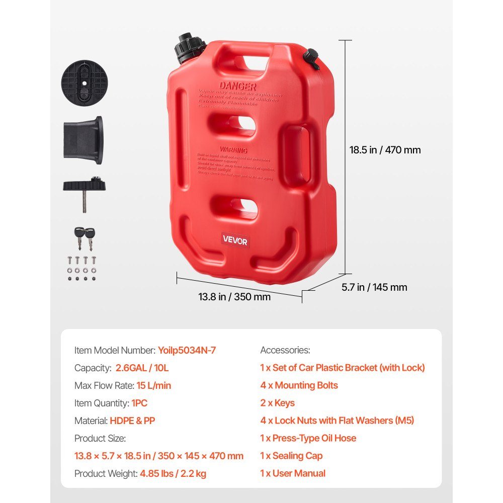 Fuel Can 10L Petrol Can with Spout and Lockable Holder Maximum Flow Rate 15L/min Liquid Container for Most Cars Motorcycles ATVs and UTVs Red