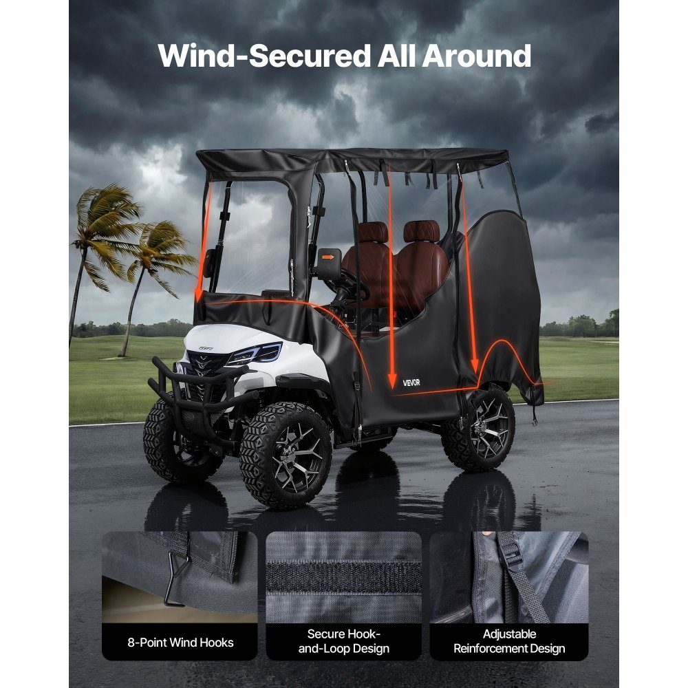 Zichtbare golfkarhoes voor 2-zits golfkarren (de meeste Club Car, Yamaha, EZGO en Honda golfkarren), regenhoes van 600D Oxford-stof, met PU-coating en winddicht haaksysteem