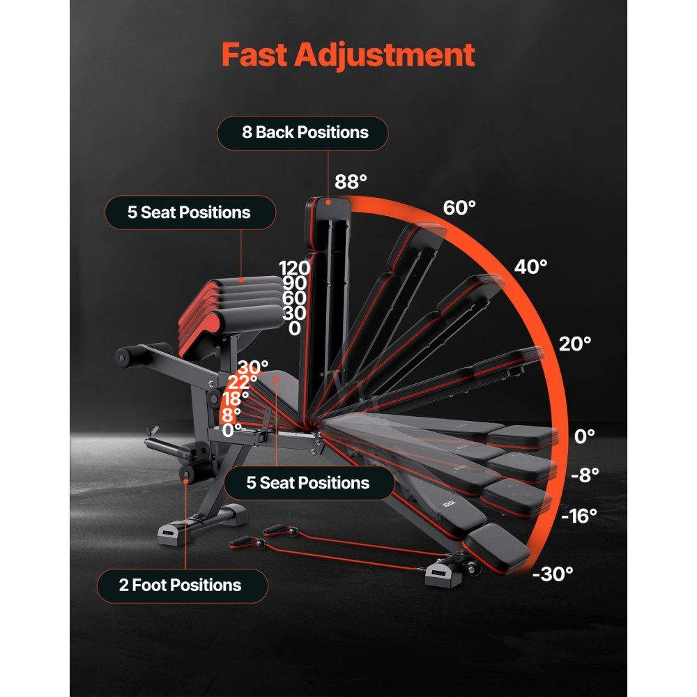 Weight bench, adjustable custom trainer for full body training (363 kg load capacity), sit-up training bench, fitness bench, flat bench with leg extension, preacher pad, quick adjustment