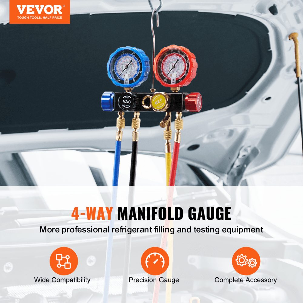 Refrigerant Pressure Gauge 4 Way Car Refrigerant Distributor Gauge Set R134A-R12-R410A-R22 AC 4pcs 1524mm Charging Hoses Refrigerant Distributor Gauge AC Diagnostic Tools Car Air Conditioner