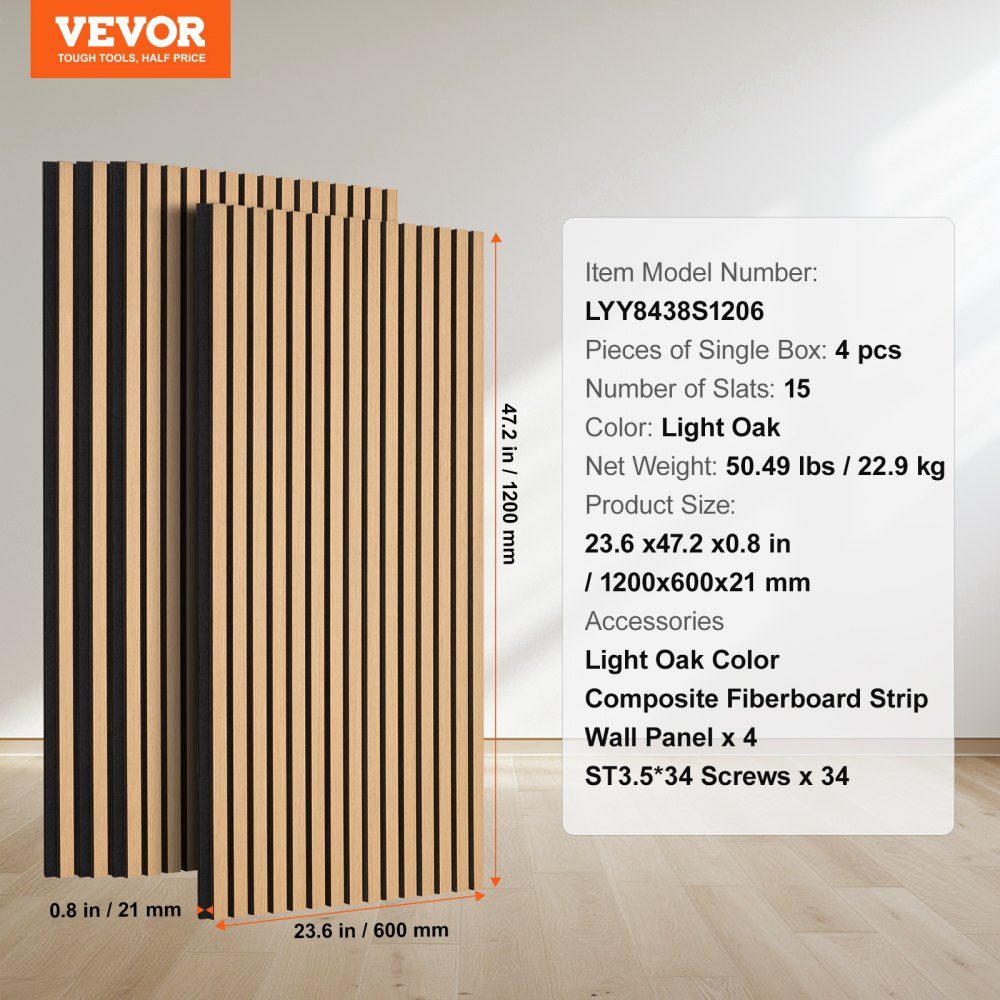 Akustikplatten, Akustikplatte, 1200 x 600 mm, MDF-Akzent-Holzwandpaneele für moderne Innenwanddekoration, Kunstholz-Wandpaneele zur Geräuschreduzierung, helle Eiche, 4er-Set