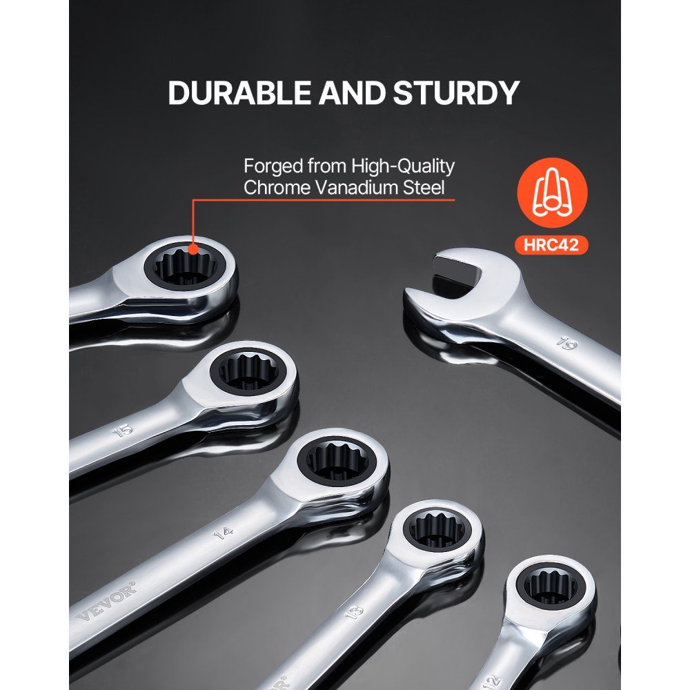 Wrench Set, 8 Piece Ratchet Wrench Set with Organizer Rack, Cr-V Steel Metric 8mm to 19mm Wrench Set, Ideal for General Car Repairs in Home, Garage, Workshop