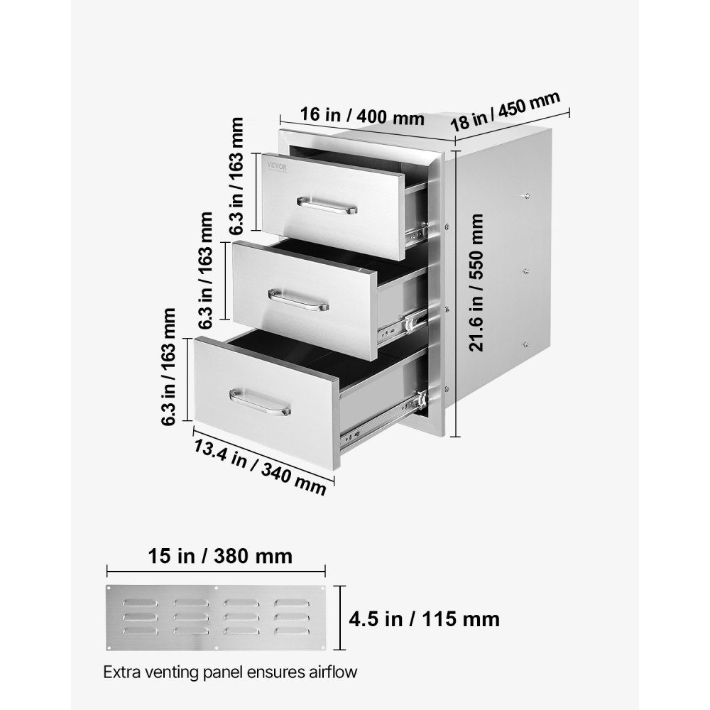 Tiroirs de cuisine extérieure, tiroirs de gril encastrés à triple accès avec poignée en acier inoxydable, tiroirs d'îlot de gril pour cuisine extérieure ou patio d'îlot de gril, 400x450x450mm