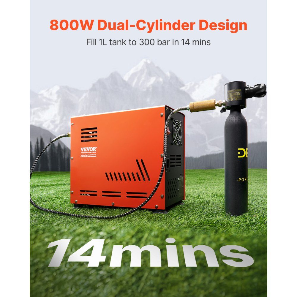 PCP Air Compressor, 800W Double Cylinder PCP Air Rifle Compressor 310bar/30MPa with Built-in Fan Cooling System, Auto Stop | Oil-free paintball tank compressor for air rifle, diving tank