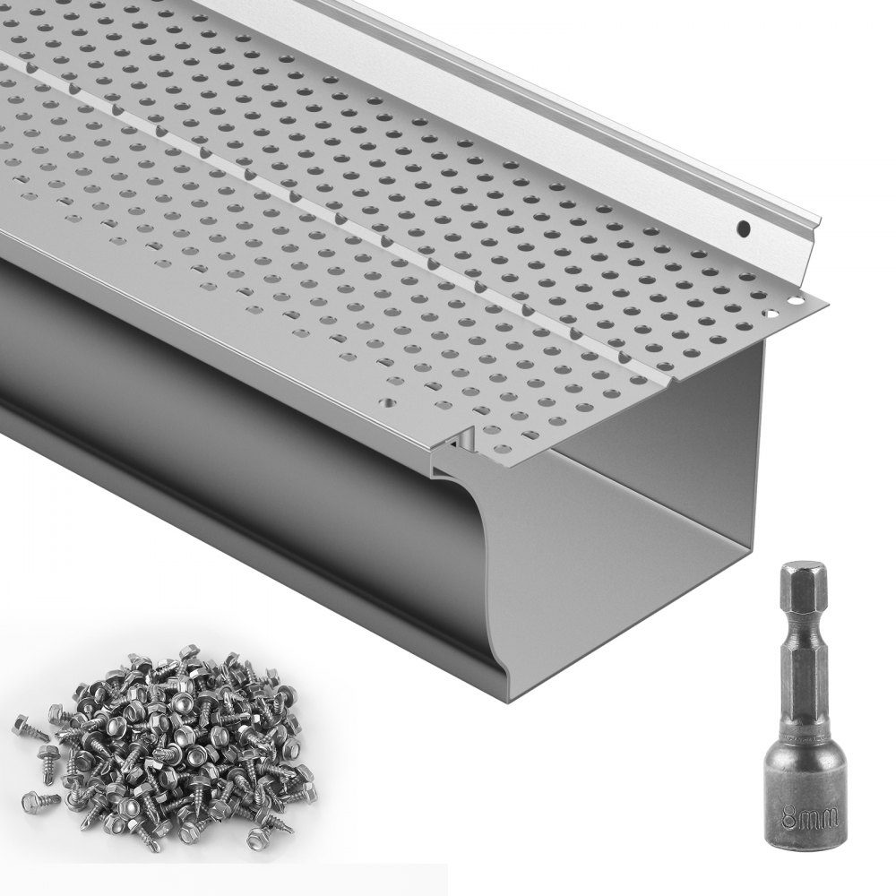 Osłona rynny 5-calowy szeroki aluminiowy filtr liściowy Domowa osłona rynny 26 szt. Całkowita długość 100 stóp φ 4 mm średnica otworu i grubość 0,5 mm Nadaje się do każdego typu rynny