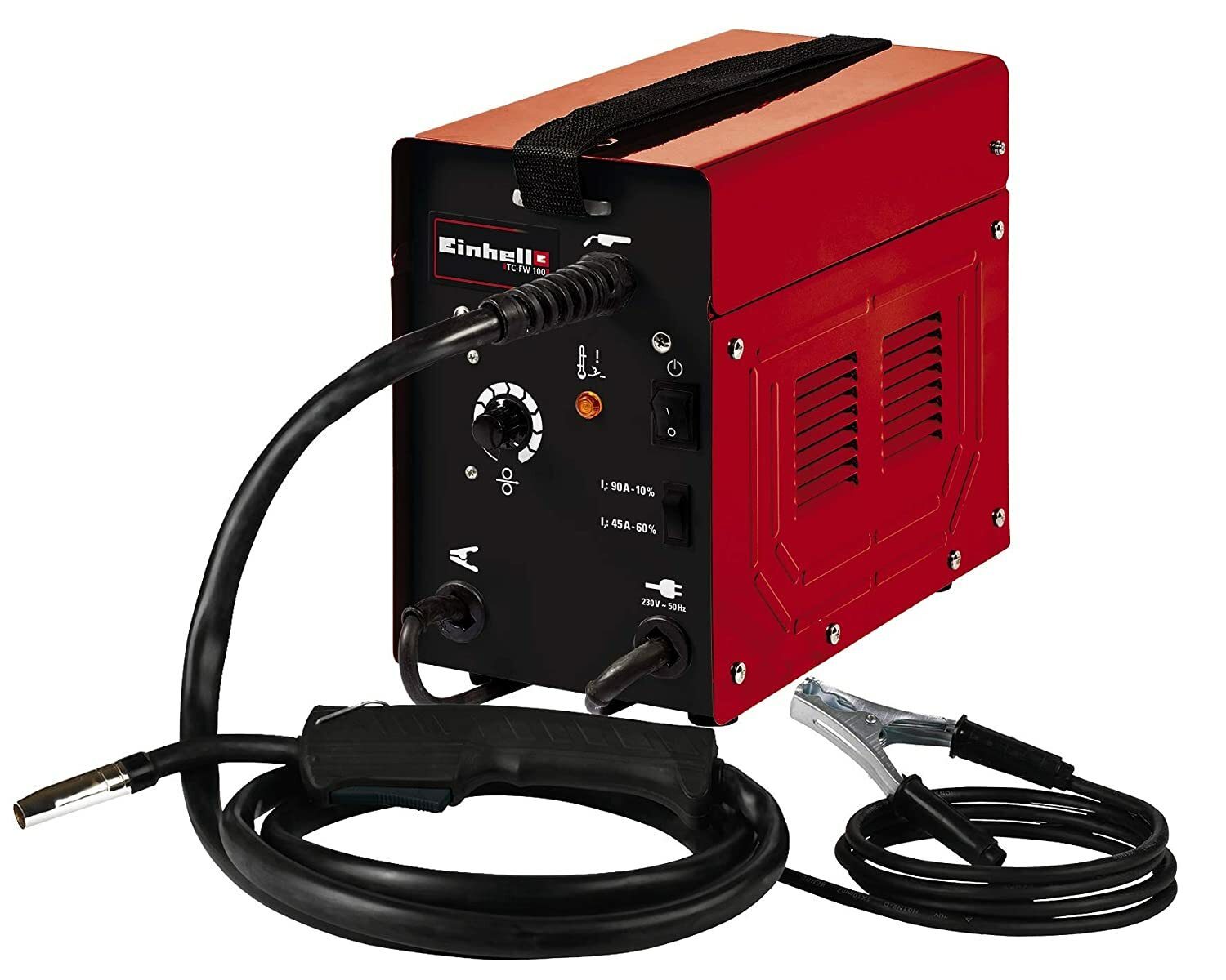 Spawarka drutem proszkowym Einhell TC-FW 100 (230 V, 45 - 90 A, bezstopniowy 2-rolkowy podajnik drutu, w komplecie pakiet węży, kabel uziemiający, młotek żużlowy, osłona spawalnicza)