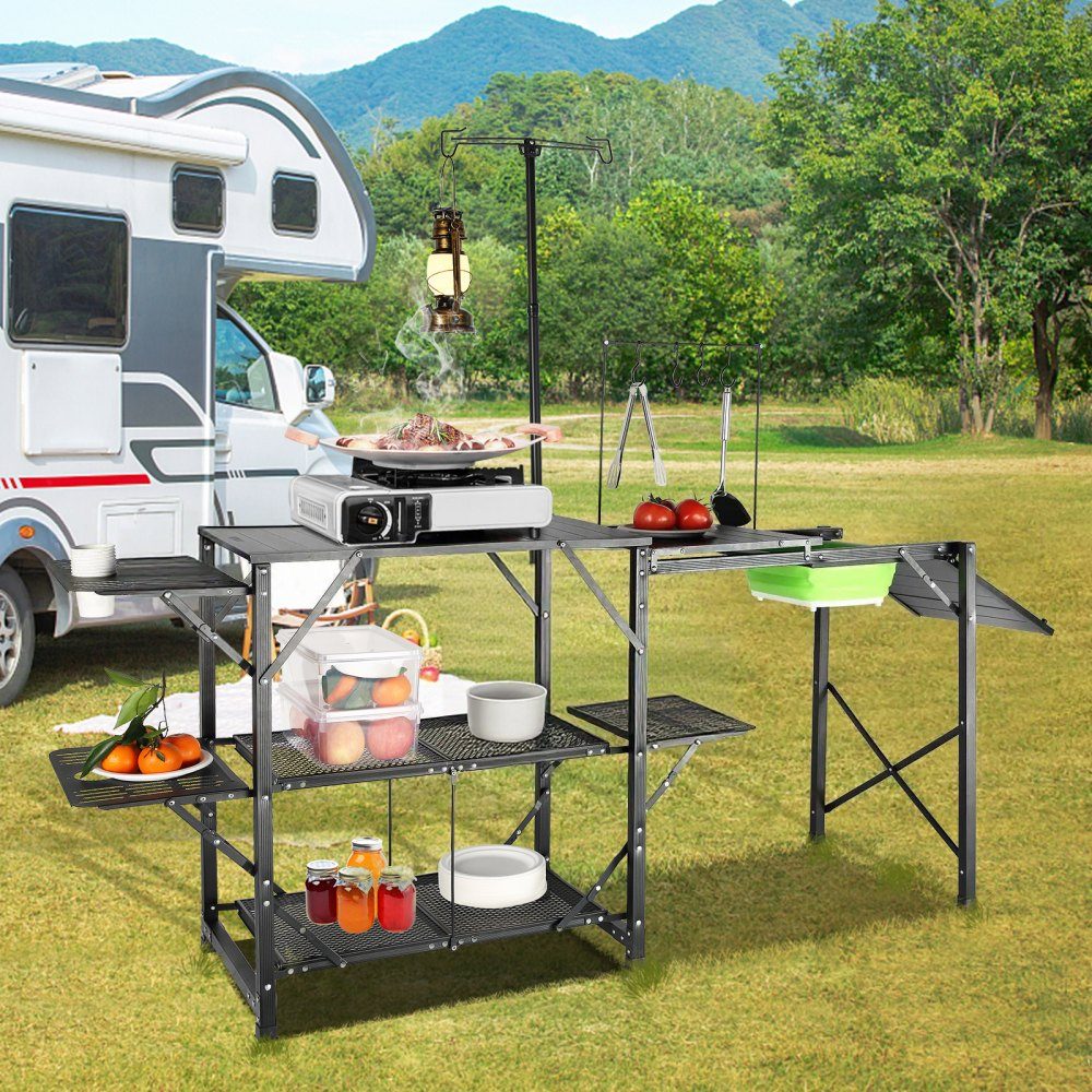 Camping kitchen, outdoor camping kitchen, 174 x 50 x 160 cm, travel kitchen, tent cupboard, foldable, 40 + 22 kg, folding camping table, kitchen box, worktop, space for the sink, carrying bag, black