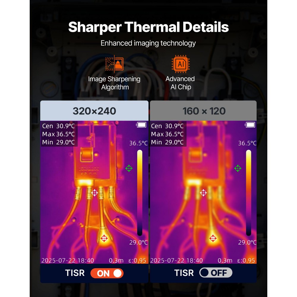 Warmtebeeldcamera, 320x240 TISR superresolutie, thermische camera met 2 MP visuele camera, 160x120 IR-resolutie, 25 Hz vernieuwingsfrequentie, -20°C tot 550°C, 4 beeldmodi en 6 kleurenpaletten Warmtebeeldcamera, 320x240 TISR superresolutie, thermische camera met 2 MP visuele camera, 160x120 IR-resolutie, 25 Hz vernieuwingsfrequentie, -20°C tot 550°C, 4 beeldmodi en 6 kleurenpaletten
