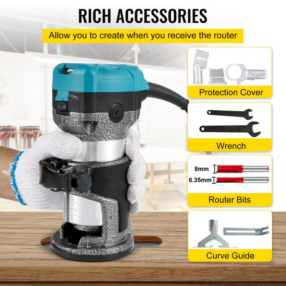One-hand wood router 710 W, electric hand wood router 33000 rpm, fixed base, tilt foot, immersion base, 3 collets, cutter 6.35 / 8 mm included, curve stop, edge router