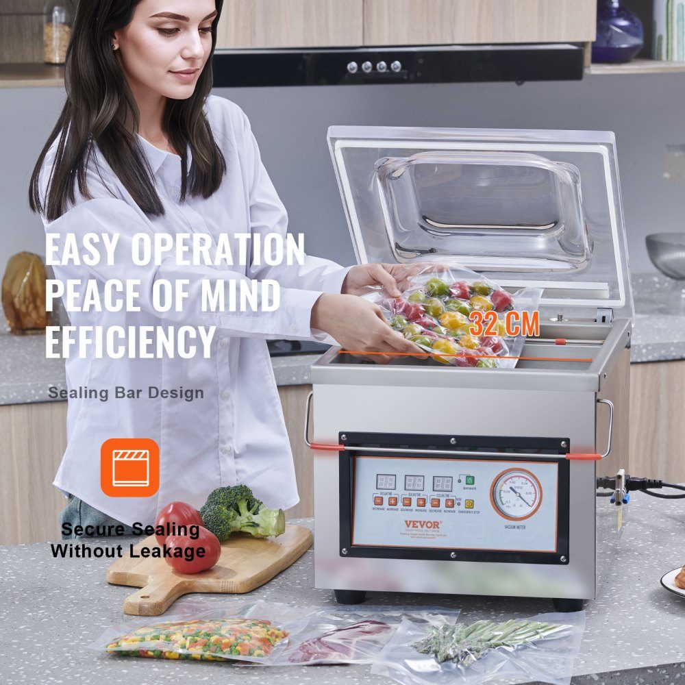 Machine sous vide à chambre Machine sous vide de 320 W pour aliments humides, marinades de viande, etc. Taille compacte avec une longueur de soudure de 32 cm Peut être utilisée dans les cuisines privées et les zones commerciales