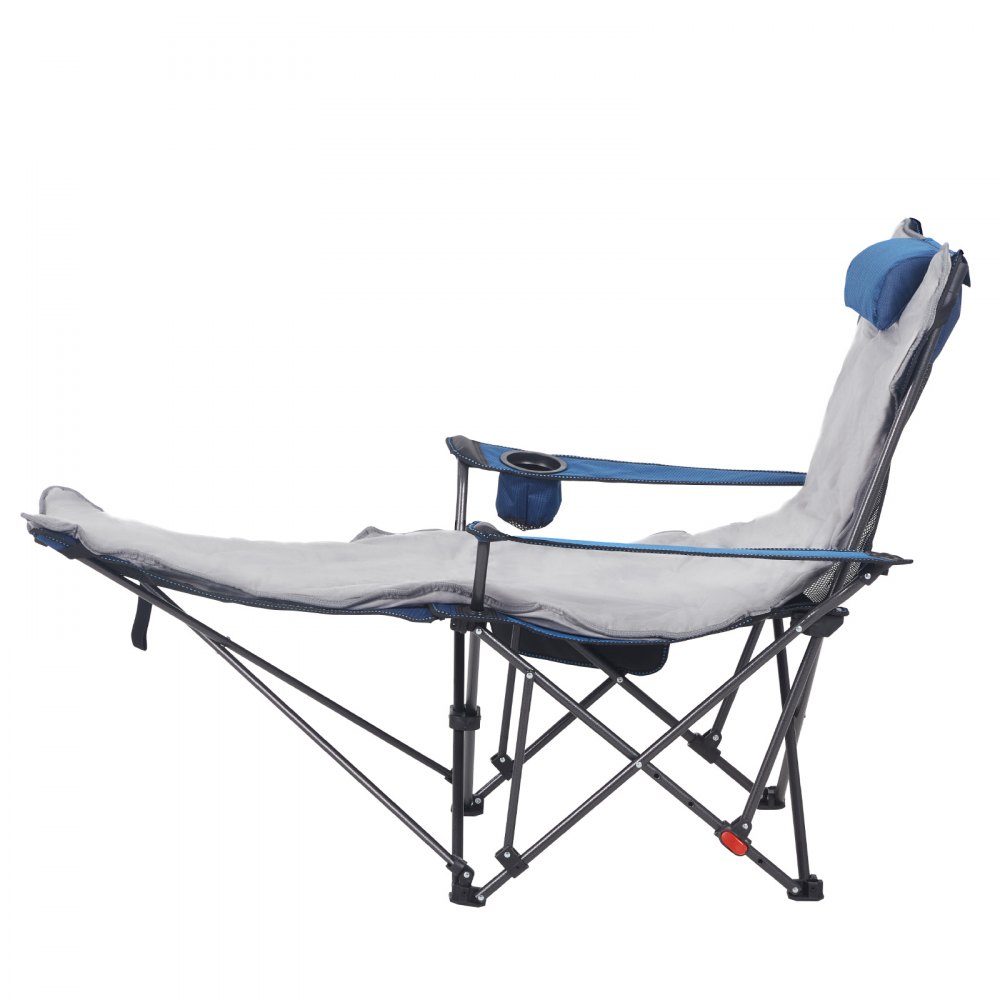 Opvouwbare campingstoel, ligstoel met 4 verstelbare standen, relaxstoel ligstoel met bekerhouder, strandstoel met hoofd- en voetsteun, draagvermogen 100 kg, voor buiten kamperen, blauw