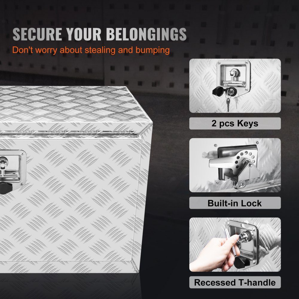 Truckbox Tool Box Trailer Box Tool Box 760x355x405mm Pickup Storage Box Aluminum Diamond Plate Tool Box with Lock and Keys Waterproof Trailer Storage Box