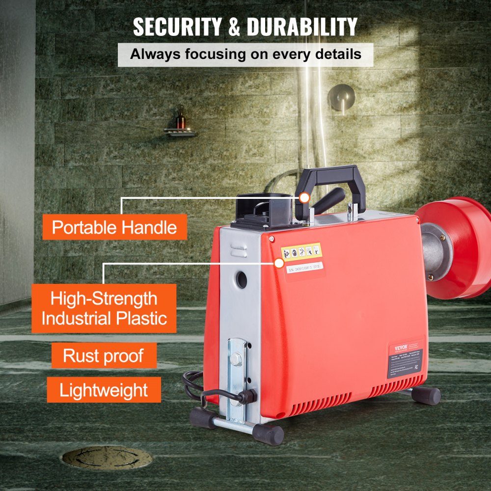 250W Rohrreinigungsmaschine Rohrreinigungsgerät, 20mx15,8mm/4,6mx9,5mm Stahlkabel für Rohre von 4-10 cm, mit 7 Schnellwechsel-Rohrschneidern für Wohnungen, Büros und öffentliche Räume