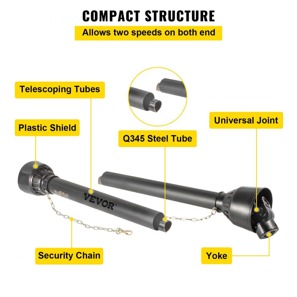 PTO T4 Cardan Shaft Drive Shaft 34.9mm 6 Spline End for Tractor Extendable from 1100 to 1550mm Ideal for Lawnmowers, Brush Cutters, Tillers, Fertilizer Spreaders