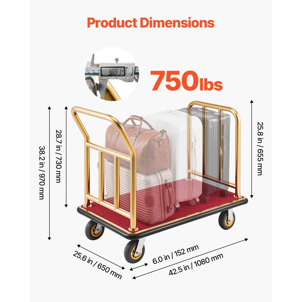 Stainless Steel Hotel Luggage Cart, 800lb Heavy Duty Luggage Cart with 6" Rubber Wheels, Red Carpet Hotel Cart, Commercial Platform Cart for Hotels, Vacation Rentals, Resorts, Gold