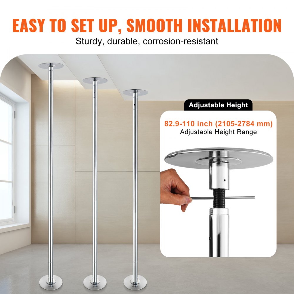 Professional Dance Pole, Pole Dance Portable Dance Pole Professional Approx. 83-110" Height Adjustable Removable Fitness Pole Spinning Fitness Silver, Dance Pole Gyms, Club, Party