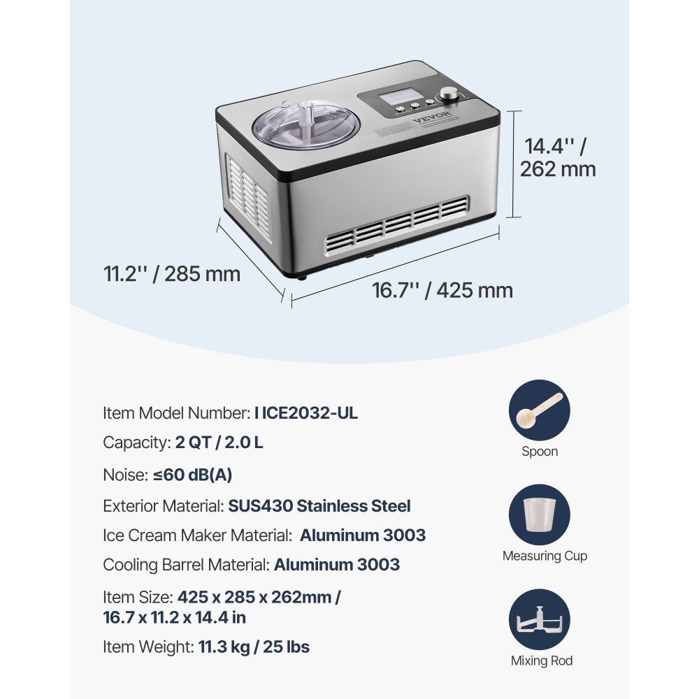 Compressor Ice Cream Machine Ice Cream Machine 2L, 180W Frozen Yoghurt Maker Ice Cream Machine 3 Modes Yoghurt Machine Household Portable Ice Cream Machine Sorbet Gelato Low Noise Silver Electric