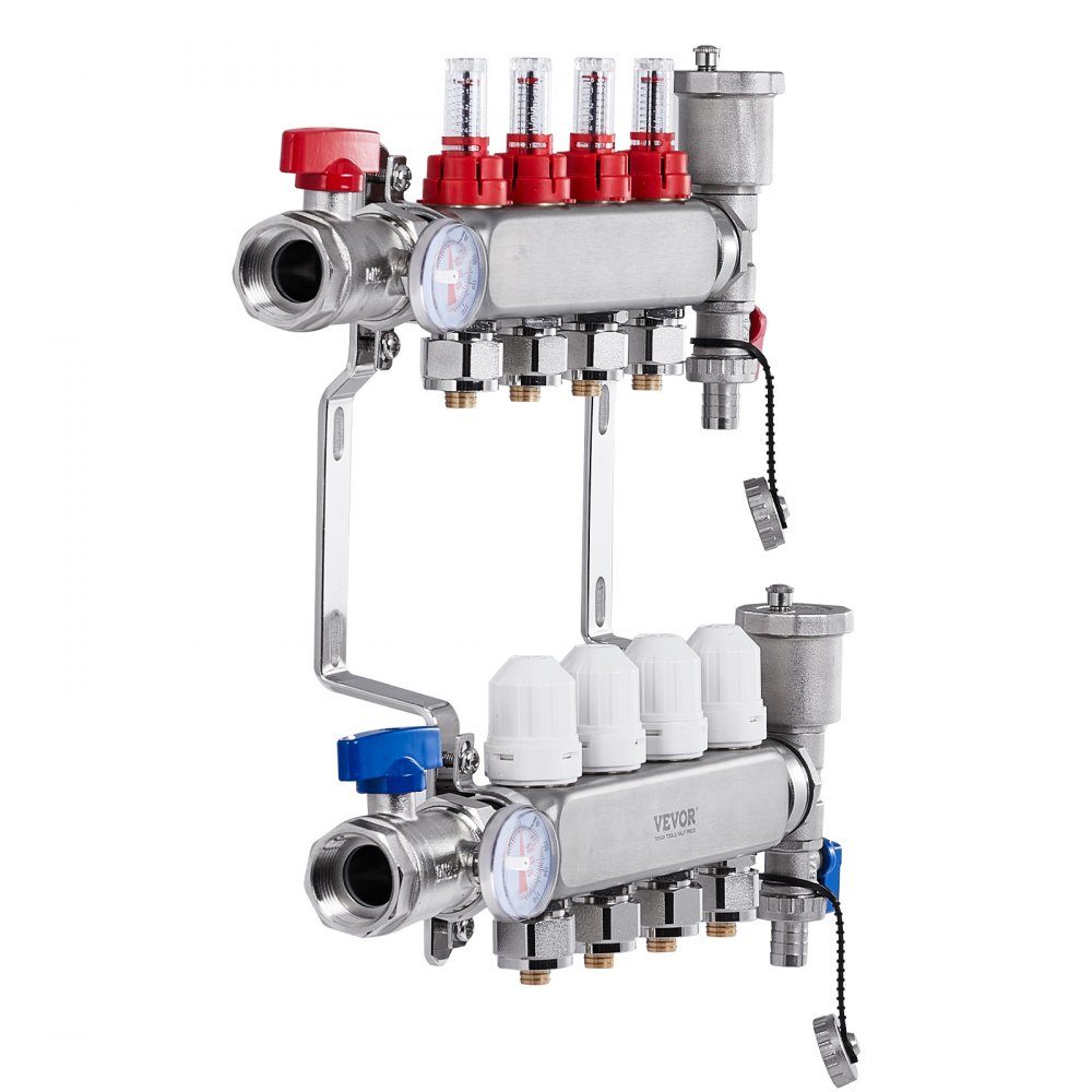 4 Branch Heat Spreader, 1/2" PEX Pipe Manifold, Stainless Steel PEX Manifold for Hydronic Underfloor Heating, Heat Distribution PEX Manifold Kit with 1/2" Adapters Included