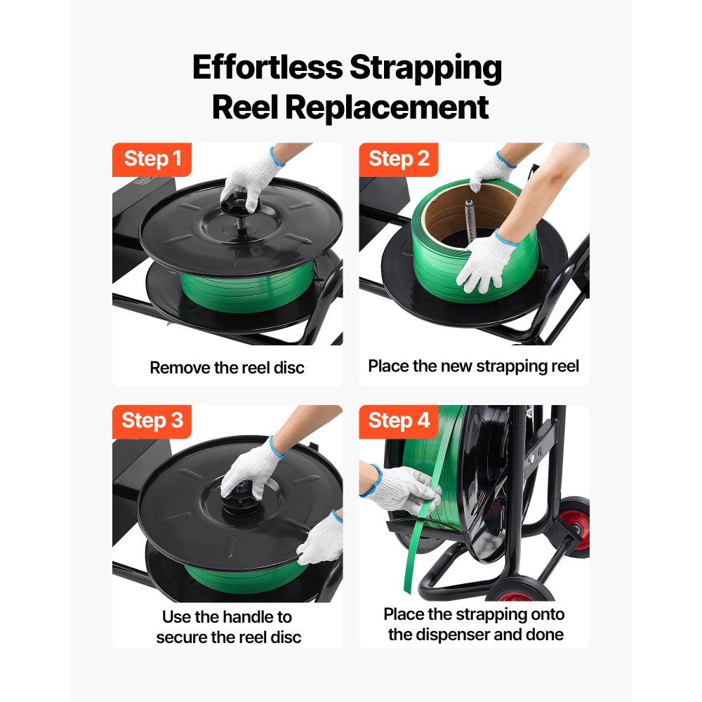Dispenser, suitable for PET/PP/polyester strapping rolls with 203 mm core size, strapping dispenser with improved braking system, integrated spacious storage space for tools
