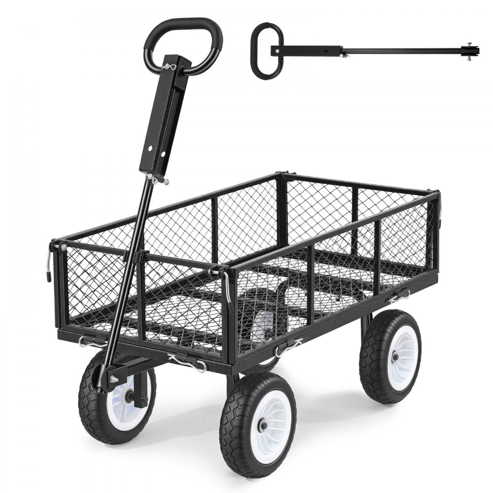 Handcart 408.2 kg load capacity, garden cart with PU tires, transport cart with adjustable handle, removable side walls, handcart for attachment to ATV or tractor, black Handcart 408.2 kg load capacity, garden cart with PU tires, transport cart with adjustable handle, removable side walls, handcart for attachment to ATV or tractor, black