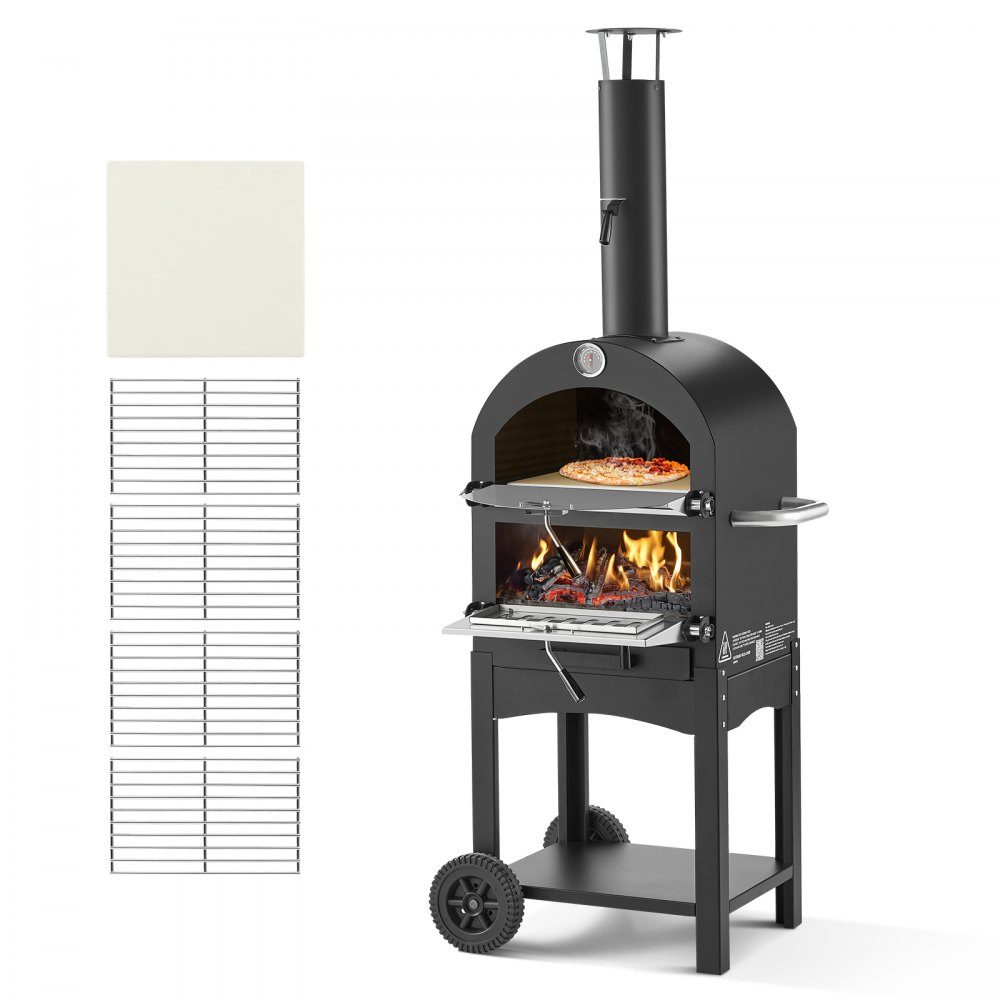 Four à pizza Fours à granulés de 12 pouces, four à pizza à bois à 2 couches, four à bois extérieur avec 2 roues amovibles, machine à pizza avec une température maximale de 540 °C pour griller