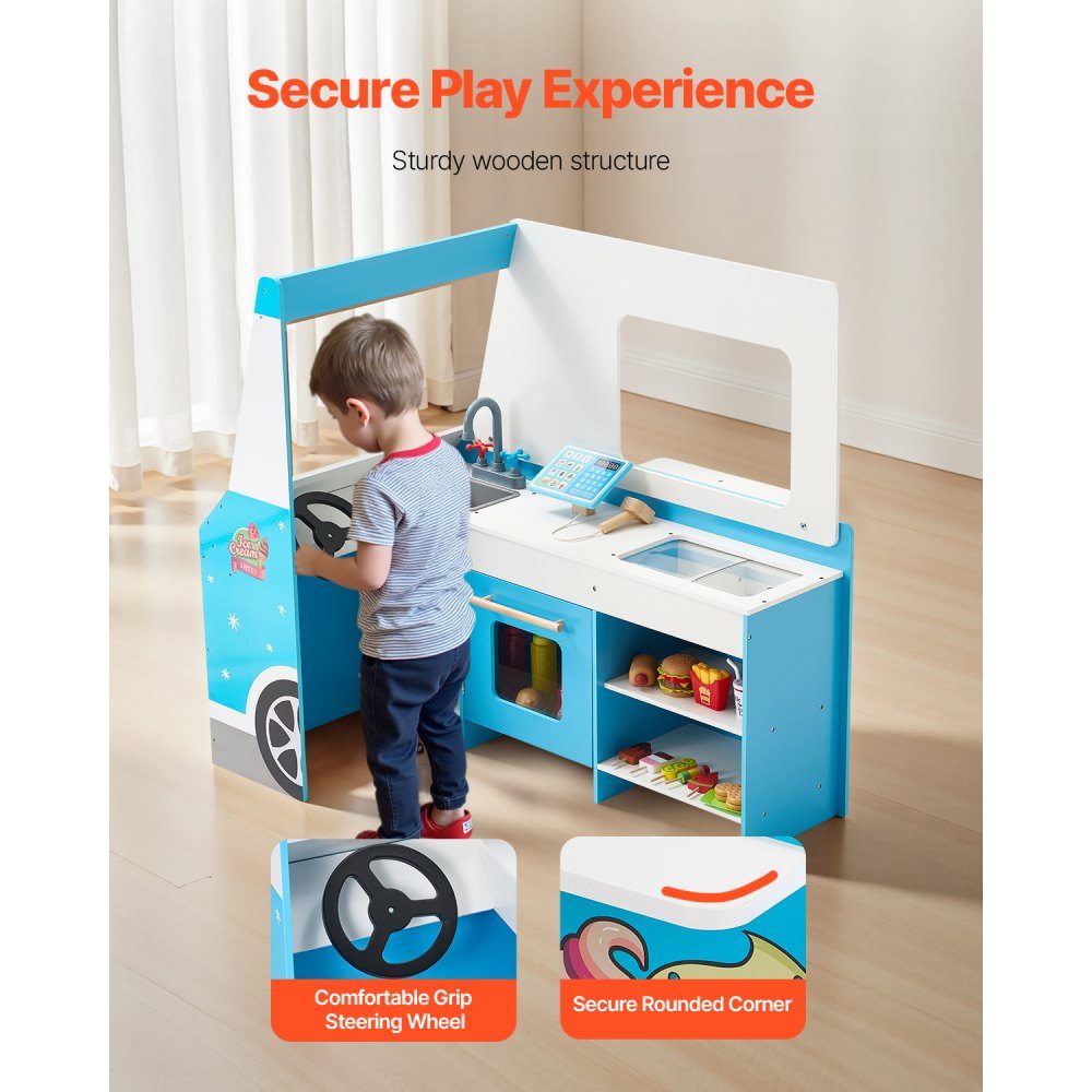 Chariot à glaces pour enfants, plus de 20 accessoires, glacier en bois avec volant et planche, scanner de paiement et congélateur, robinet et évier, adapté aux enfants de 3 à 7 ans, bleu