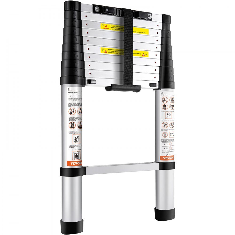 3.2m Telescopic Ladder Non-Slip Folding Ladder 48 x 9.5 x 76.5cm Step Ladder One Button Retraction Multipurpose Ladder Aluminum Alloy 170kg Load Capacity Ideal for Home Repair Decoration Wall Painting