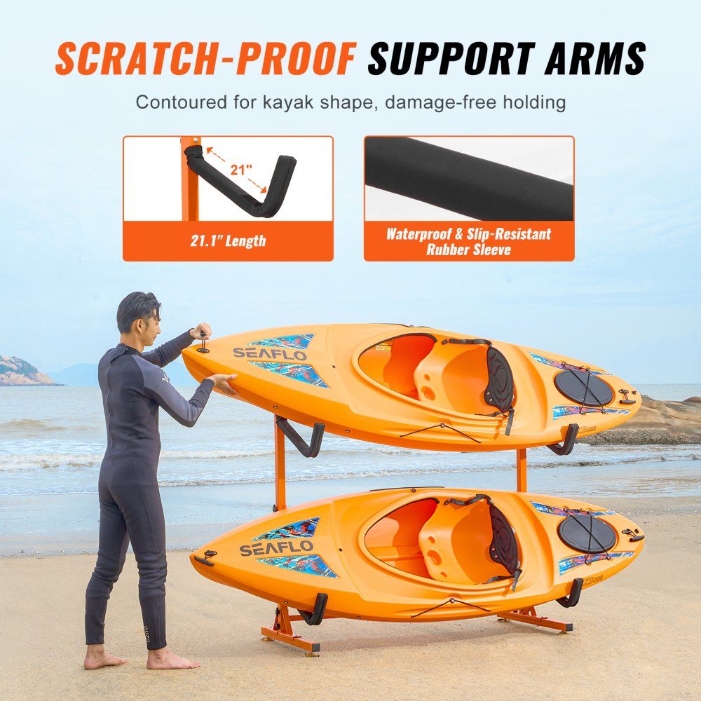Kayak Holder, Kayak Hanger 1265 x 788 x 1380mm, Freestanding Kayak Stand 2 Kayaks 1230-1825mm Width Adjustment Range, Kayak Storage Rack, Heavy Duty Kayak Storage Hooks