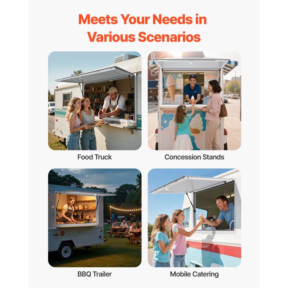 Snack window (1880 x 1016 mm), service window with aluminum frame for snack trailers, serving window with 85° opening angle for food trucks, rainwater-resistant drinks window
