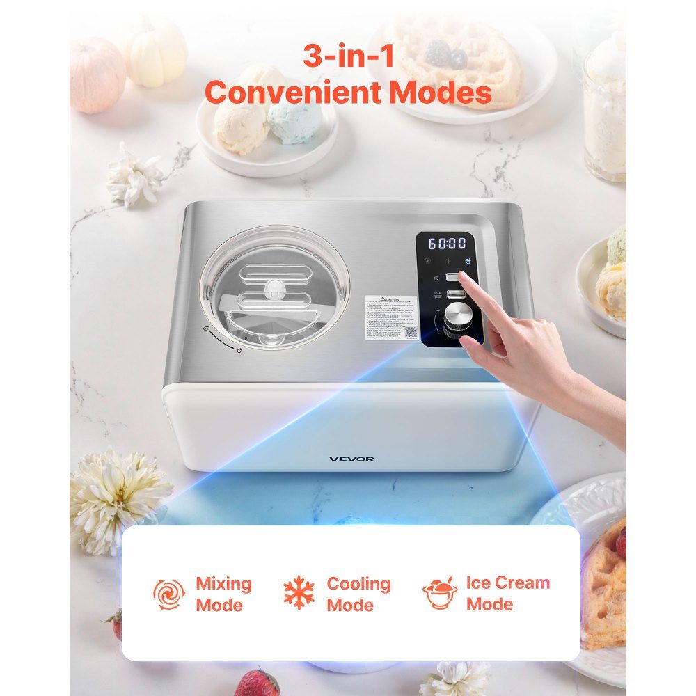 Automatic Ice Cream Maker 2 QT with Built-in Compressor (150W), No Prefreezing, Ice Cream Maker with 3 Modes, Electric Ice Cream Maker, Frozen Sorbet Machine for Home Kitchen