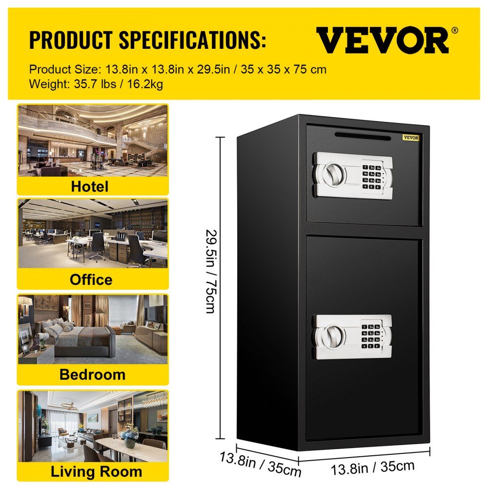 Coffre-fort avec clé, serrure électronique, coffre-fort 4 mm, avec serrure à combinaison, 74 L, coffre-fort en fer solide, coffre-fort pour meubles, serrure électronique avec construction en acier robuste