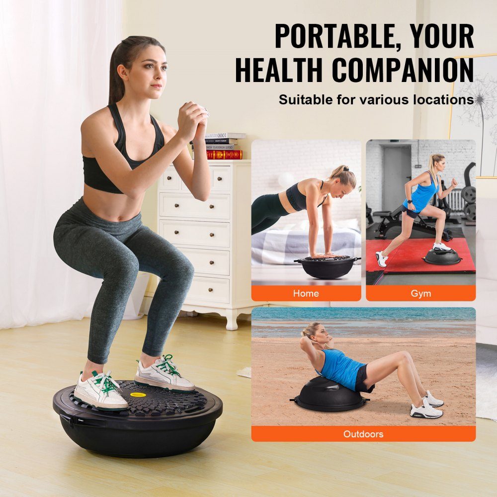 Halve oefenbaltrainer, 26" balansbaltrainer, draagvermogen van 680 kg, stabiliteitsbal, yogabal met weerstandsbanden en voetpomp, krachtfitnessbal voor thuis, sportschool, zwart